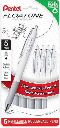 كرة دوارة قابلة للسحب من Pentel Floatune، نقطة متوسطة 0.8 مم، حبر أسود، 5 عبوات (BY208PF5A) in Kuwait