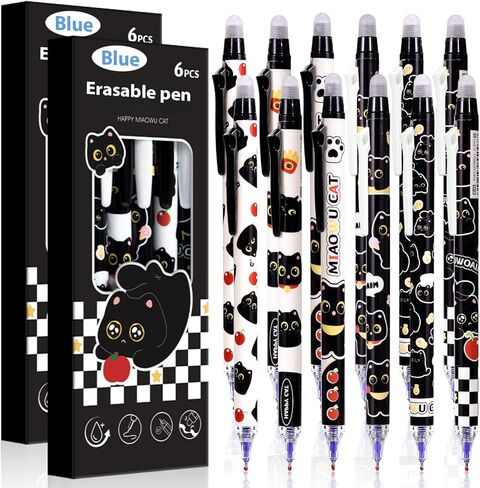 12 PCS Cute Erasable Pens,Black Cute Cat Erasable Gel Ink Pens,0.5mm Blue Ink - Retractable,Cute Cat School Supplise,Kawaii Cat Stationery Set, Perfect Cat Gifts for Office, School, Women,Man in Kuwait