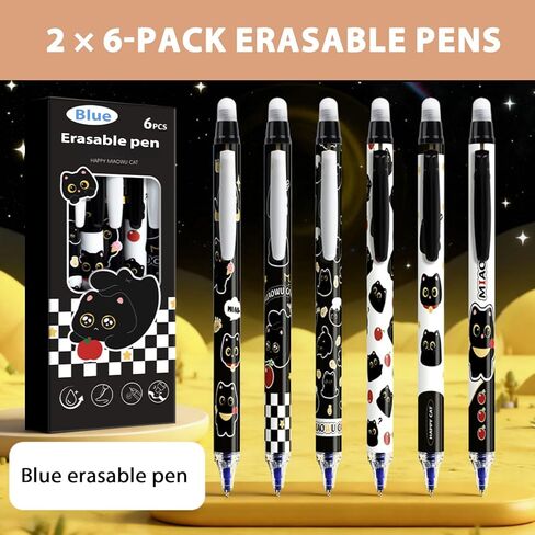 12 PCS Cute Erasable Pens,Black Cute Cat Erasable Gel Ink Pens,0.5mm Blue Ink - Retractable,Cute Cat School Supplise,Kawaii Cat Stationery Set, Perfect Cat Gifts for Office, School, Women,Man in Kuwait