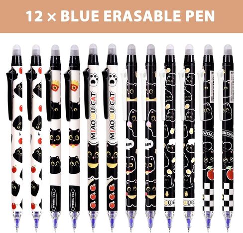 12 PCS Cute Erasable Pens,Black Cute Cat Erasable Gel Ink Pens,0.5mm Blue Ink - Retractable,Cute Cat School Supplise,Kawaii Cat Stationery Set, Perfect Cat Gifts for Office, School, Women,Man in Kuwait