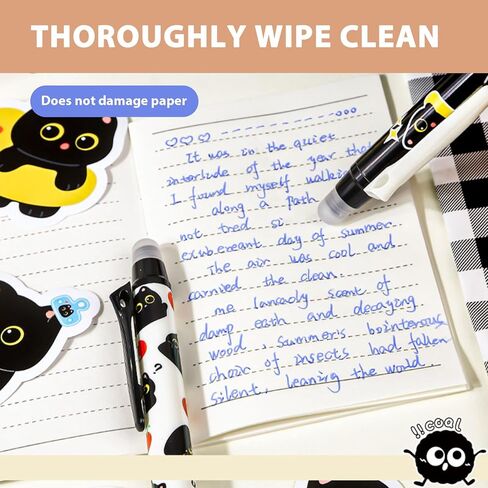 12 PCS Cute Erasable Pens,Black Cute Cat Erasable Gel Ink Pens,0.5mm Blue Ink - Retractable,Cute Cat School Supplise,Kawaii Cat Stationery Set, Perfect Cat Gifts for Office, School, Women,Man in Kuwait