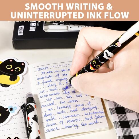 12 PCS Cute Erasable Pens,Black Cute Cat Erasable Gel Ink Pens,0.5mm Blue Ink - Retractable,Cute Cat School Supplise,Kawaii Cat Stationery Set, Perfect Cat Gifts for Office, School, Women,Man in Kuwait