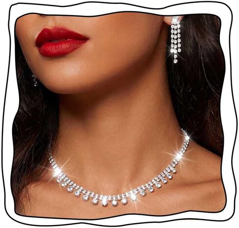 Yean Silver Choker Necklace and Earrings Set Rhinestone Bridal Choker Necklace Crystal Wedding Choker Jewelry Sets for Women in Saudi Arabia