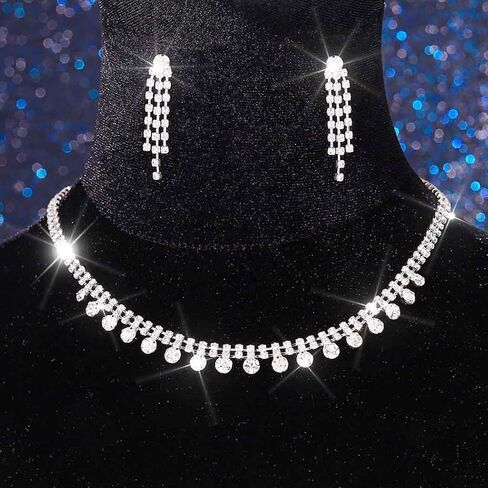 Yean Silver Choker Necklace and Earrings Set Rhinestone Bridal Choker Necklace Crystal Wedding Choker Jewelry Sets for Women in Saudi Arabia