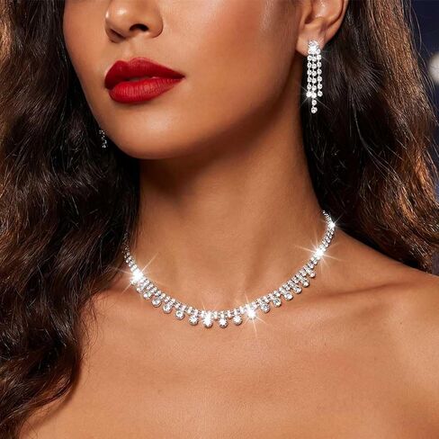 Yean Silver Choker Necklace and Earrings Set Rhinestone Bridal Choker Necklace Crystal Wedding Choker Jewelry Sets for Women in Saudi Arabia