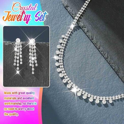 Yean Silver Choker Necklace and Earrings Set Rhinestone Bridal Choker Necklace Crystal Wedding Choker Jewelry Sets for Women in Kuwait