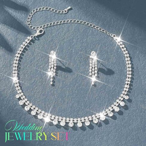 Yean Silver Choker Necklace and Earrings Set Rhinestone Bridal Choker Necklace Crystal Wedding Choker Jewelry Sets for Women in Kuwait