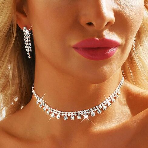 Yean Silver Choker Necklace and Earrings Set Rhinestone Bridal Choker Necklace Crystal Wedding Choker Jewelry Sets for Women in Saudi Arabia