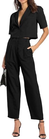 AGSEEM Womens Suits 2 Piece Set Business Short Sleeve Cropped Blazer and Wide Leg Pants Set Office Outfits Work Casual,S-2XL in Saudi Arabia