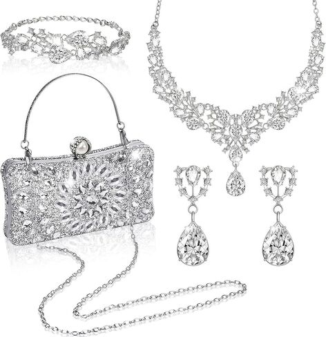 4 Pcs Silver Rhinestone Clutch Purse for Women Rhinestone Evening Handbag Necklace Earrings Bracelet Jewelry Sets for Wedding Bridal Bridesmaid Gifts Anniversary Accessories in Kuwait