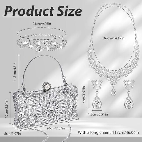 4 Pcs Silver Rhinestone Clutch Purse for Women Rhinestone Evening Handbag Necklace Earrings Bracelet Jewelry Sets for Wedding Bridal Bridesmaid Gifts Anniversary Accessories in Kuwait