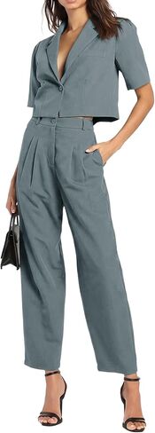 AGSEEM Womens Suits 2 Piece Set Business Short Sleeve Cropped Blazer and Wide Leg Pants Set Office Outfits Work Casual,S-2XL in Kuwait