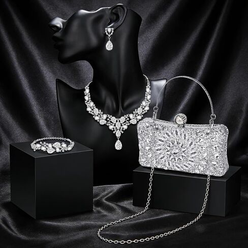 4 Pcs Silver Rhinestone Clutch Purse for Women Rhinestone Evening Handbag Necklace Earrings Bracelet Jewelry Sets for Wedding Bridal Bridesmaid Gifts Anniversary Accessories in Kuwait