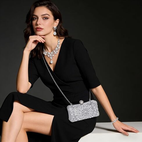 4 Pcs Silver Rhinestone Clutch Purse for Women Rhinestone Evening Handbag Necklace Earrings Bracelet Jewelry Sets for Wedding Bridal Bridesmaid Gifts Anniversary Accessories in Kuwait