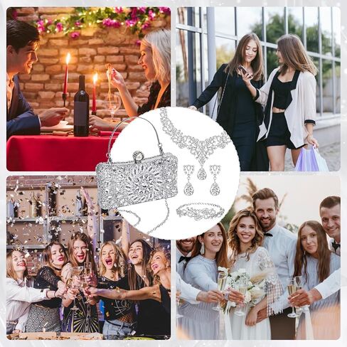 4 Pcs Silver Rhinestone Clutch Purse for Women Rhinestone Evening Handbag Necklace Earrings Bracelet Jewelry Sets for Wedding Bridal Bridesmaid Gifts Anniversary Accessories in Kuwait