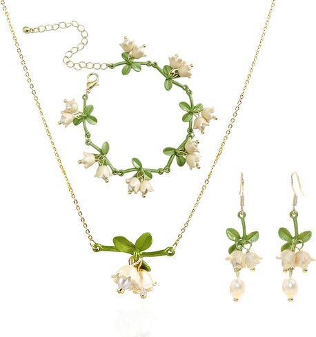 FORUBUS Lily of the Valley Jewelry Set – Necklace, Earrings & Bracelet, Lily of the Valley Necklace, Vintage Floral Design with Faux Pearls, Ideal for Weddings, Spring Trip in Saudi Arabia