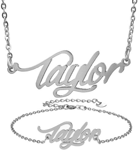 Personalized Name Necklace + Name Bracelet Sets for Women Nameplate Pendant Gift -Taylor Silver Set in Saudi Arabia