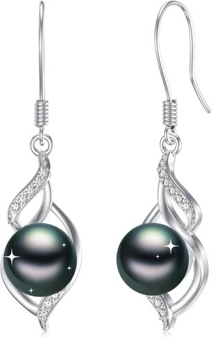 Tahitian Black Pearl Dangle Drop Earrings, 18K White Gold Plated Sterling Silver Everyday Earrings for Women Wife Girlfriend Hypoallergenic Jewelry Gift for Anniversary Birthday Christmas in Saudi Arabia