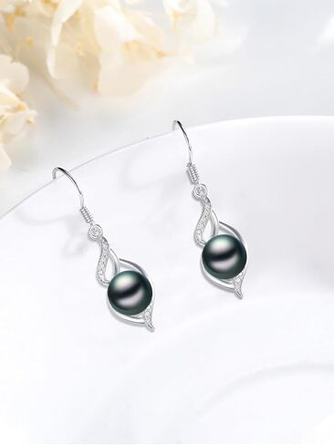 Tahitian Black Pearl Dangle Drop Earrings, 18K White Gold Plated Sterling Silver Everyday Earrings for Women Wife Girlfriend Hypoallergenic Jewelry Gift for Anniversary Birthday Christmas in Saudi Arabia