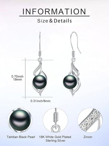 Tahitian Black Pearl Dangle Drop Earrings, 18K White Gold Plated Sterling Silver Everyday Earrings for Women Wife Girlfriend Hypoallergenic Jewelry Gift for Anniversary Birthday Christmas in Saudi Arabia