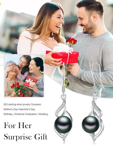 Tahitian Black Pearl Dangle Drop Earrings, 18K White Gold Plated Sterling Silver Everyday Earrings for Women Wife Girlfriend Hypoallergenic Jewelry Gift for Anniversary Birthday Christmas in Saudi Arabia
