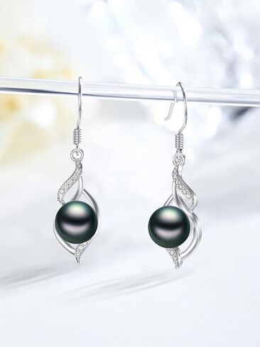 Tahitian Black Pearl Dangle Drop Earrings, 18K White Gold Plated Sterling Silver Everyday Earrings for Women Wife Girlfriend Hypoallergenic Jewelry Gift for Anniversary Birthday Christmas in Saudi Arabia