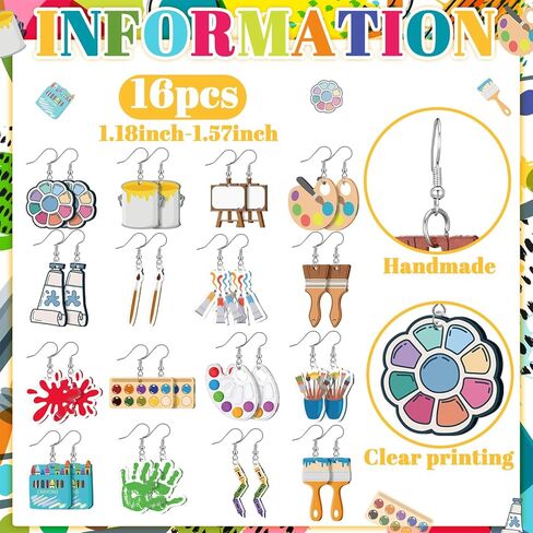 16 Pairs Art Earrings Gifts for Women Big Acrylic Dangle Drop Earrings Personality Artist Paint Palette Paint Brush Jewelry Colorful Artist Painter Art Teacher in Saudi Arabia