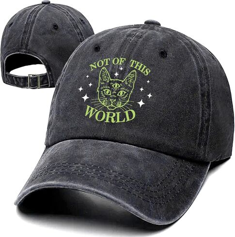 Not Of This World Funny Cute Three Eyed Alien Cat Retro Washed Cotton Baseball Cap, Adjustable Lightweight and Breathable Unisex Outdoor Sport Sun Hat, Gifts for Cat Lover Dad Mom Friend Coworker in Kuwait