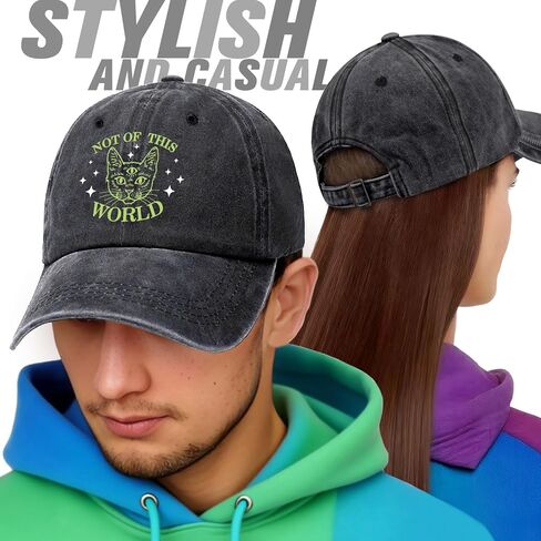 Not Of This World Funny Cute Three Eyed Alien Cat Retro Washed Cotton Baseball Cap, Adjustable Lightweight and Breathable Unisex Outdoor Sport Sun Hat, Gifts for Cat Lover Dad Mom Friend Coworker in Kuwait
