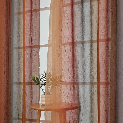 OWENIE Ombre Sheer Curtains for Bedroom Living Room 84 Inches Long 2 Panels - Gradient Light Filtering Crinkle Crushed Semi Sheer Printed Window Curtain Panels, (50" W x 84" L, Orange/Green) in Kuwait