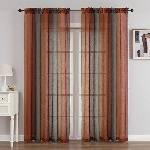 OWENIE Ombre Sheer Curtains for Bedroom Living Room 84 Inches Long 2 Panels - Gradient Light Filtering Crinkle Crushed Semi Sheer Printed Window Curtain Panels, (50" W x 84" L, Orange/Green) in Kuwait