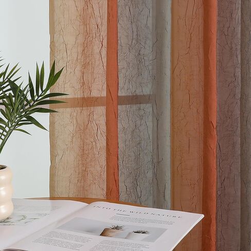 OWENIE Ombre Sheer Curtains for Bedroom Living Room 84 Inches Long 2 Panels - Gradient Light Filtering Crinkle Crushed Semi Sheer Printed Window Curtain Panels, (50" W x 84" L, Orange/Green) in Kuwait