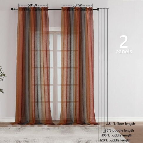 OWENIE Ombre Sheer Curtains for Bedroom Living Room 84 Inches Long 2 Panels - Gradient Light Filtering Crinkle Crushed Semi Sheer Printed Window Curtain Panels, (50" W x 84" L, Orange/Green) in Kuwait