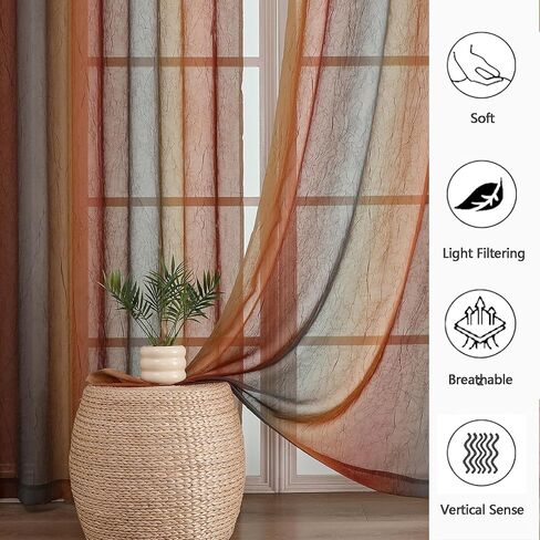 OWENIE Ombre Sheer Curtains for Bedroom Living Room 84 Inches Long 2 Panels - Gradient Light Filtering Crinkle Crushed Semi Sheer Printed Window Curtain Panels, (50" W x 84" L, Orange/Green) in Kuwait