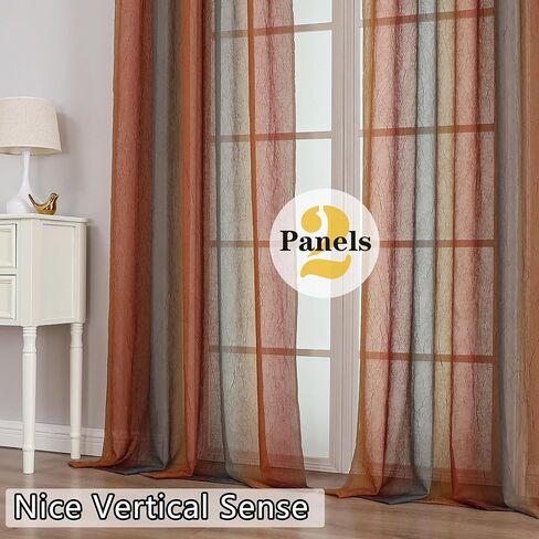 OWENIE Ombre Sheer Curtains for Bedroom Living Room 84 Inches Long 2 Panels - Gradient Light Filtering Crinkle Crushed Semi Sheer Printed Window Curtain Panels, (50" W x 84" L, Orange/Green) in Kuwait
