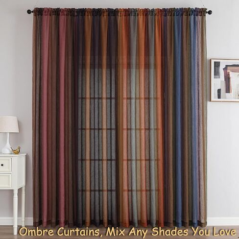 OWENIE Ombre Sheer Curtains for Bedroom Living Room 84 Inches Long 2 Panels - Gradient Light Filtering Crinkle Crushed Semi Sheer Printed Window Curtain Panels, (50" W x 84" L, Orange/Green) in Kuwait
