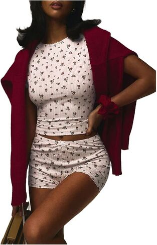 MakeMeChic Women's Cute Pajams 2 Piece Sets Floral Graphic Crop Tops and Short Y2k Summer Lounge Set in Saudi Arabia