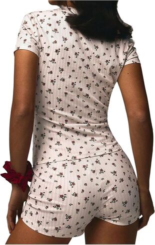 MakeMeChic Women's Cute Pajams 2 Piece Sets Floral Graphic Crop Tops and Short Y2k Summer Lounge Set in Saudi Arabia