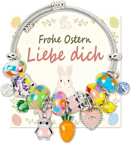 AULEEP Happy Easter Bracelet Gift, Adjustable Easter Bunny Charms Bracelet with Greeting Card, Cute Colorful Heart Easter Basket Stuffers, Exquisite Bangle Jewelry Gifts for Women Girls in Kuwait