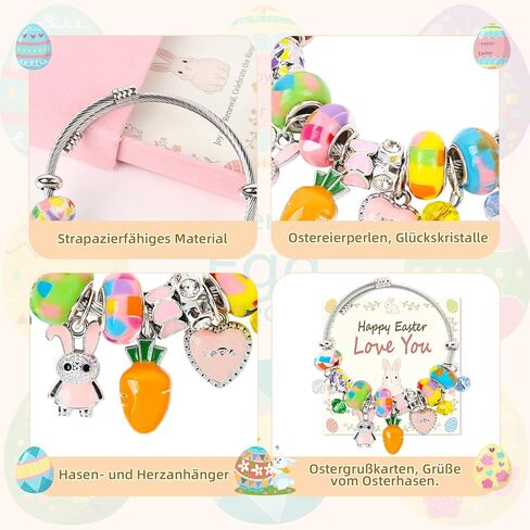 AULEEP Happy Easter Bracelet Gift, Adjustable Easter Bunny Charms Bracelet with Greeting Card, Cute Colorful Heart Easter Basket Stuffers, Exquisite Bangle Jewelry Gifts for Women Girls in Kuwait