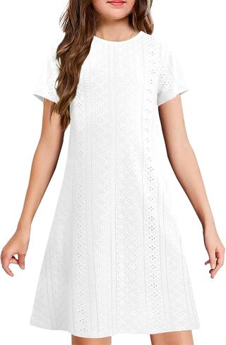 YOVION Girls Short Sleeve Dress Summer Eyelet A-Line Casual Beach Swing Dresses with Pockets for 6-12 Y in Saudi Arabia