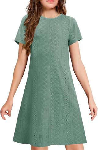 YOVION Girls Short Sleeve Dress Summer Eyelet A-Line Casual Beach Swing Dresses with Pockets for 6-12 Y in Saudi Arabia
