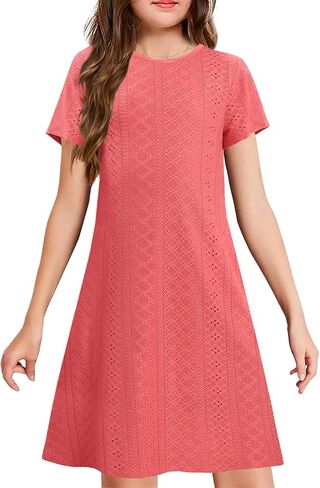 YOVION Girls Short Sleeve Dress Summer Eyelet A-Line Casual Beach Swing Dresses with Pockets for 6-12 Y in Kuwait