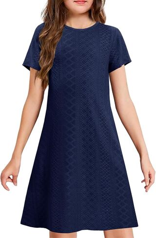 YOVION Girls Short Sleeve Dress Summer Eyelet A-Line Casual Beach Swing Dresses with Pockets for 6-12 Y in Saudi Arabia