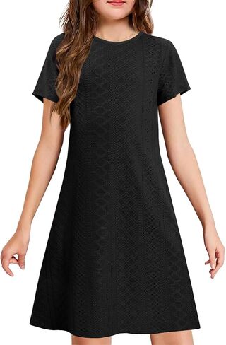 YOVION Girls Short Sleeve Dress Summer Eyelet A-Line Casual Beach Swing Dresses with Pockets for 6-12 Y in Saudi Arabia