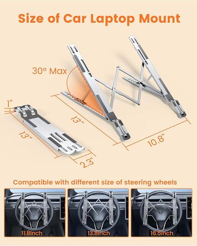 Steering Wheel Laptop Holder for Car SUV Pickup Truck Tesla Vehicle Workstation, Adjustable Foldable Portable iPad Tablet Laptop Stand for Desk, Tiktok Car Travel Essentials 2026 -Silver in Kuwait