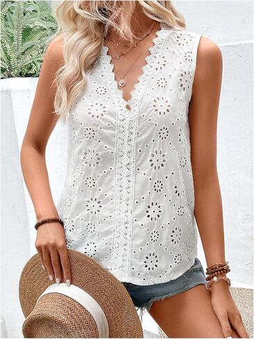 MakeMeChic Women's Eyelet Lace Trim Blouse Embroidery V Neck Sleeveless Blouses Shirt in Saudi Arabia