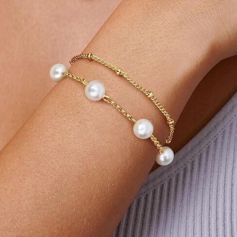 TEN MIRO 16K Gold Plated Bracelet for Women,Gold and Pearl Bracelet Dainty Simple Pearl Bracelets for Womens Non Tarnish Pearl Bracelet Stack Non Tarnish Layered Bracelets for Women in Kuwait