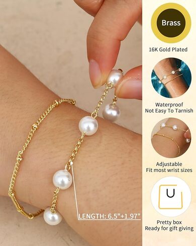 TEN MIRO 16K Gold Plated Bracelet for Women,Gold and Pearl Bracelet Dainty Simple Pearl Bracelets for Womens Non Tarnish Pearl Bracelet Stack Non Tarnish Layered Bracelets for Women in Kuwait