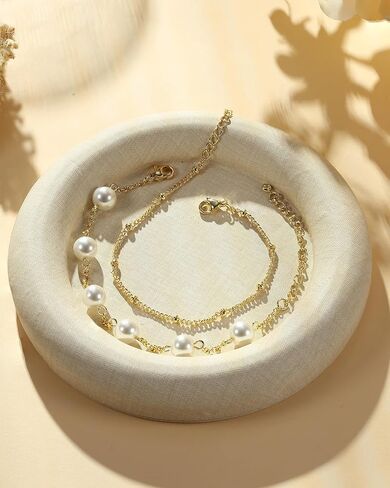 TEN MIRO 16K Gold Plated Bracelet for Women,Gold and Pearl Bracelet Dainty Simple Pearl Bracelets for Womens Non Tarnish Pearl Bracelet Stack Non Tarnish Layered Bracelets for Women in Kuwait